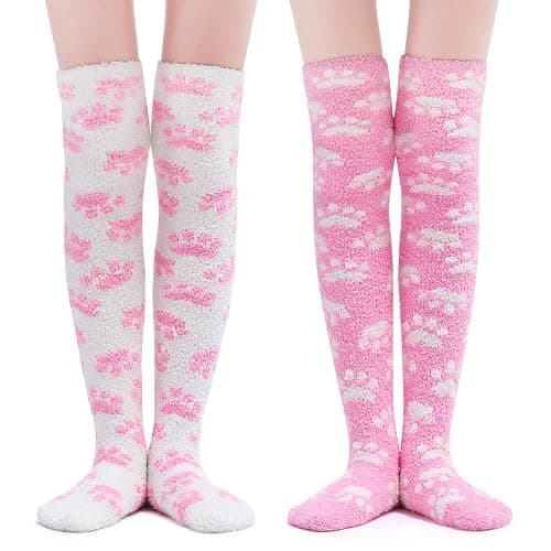 Littleforbig Cute Coral Fleece Thigh High Long Paws Pattern Socks 2 Pairs thumbnail 2