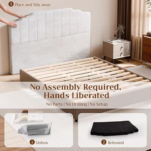 CozyMine Twin Headboard Only - Beige Velvet Upholstered Headboard for College Dorm, No Assembly Required, Pure Sponge Design, Place Between Bed & Wall, Vertical Stripe with Stepped Crown Top Edge thumbnail 3