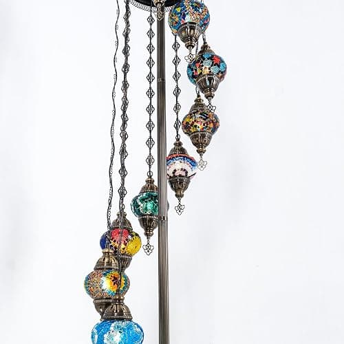 Mozaist Turkish Mosaic Floor Lamp with Bulbs – Handmade Multi Globe Moroccan Standing Lamp, Authentic Stained Glass Light, Bohemian Home Decor (Rainbow, 11 Globe Floor Lamp) thumbnail 8