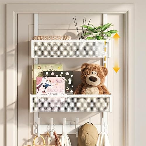 Aimeaihe Over the Door Hooks Organizer,Door Hanger Fits Doors 1 3/4" White | 12 Coat Hooks and 2 Mesh Basket,Space-Saving,Back Storage Organizer,Over The Door Towel Rack,for Bathroom,Bedroom,Kitchen - Image 1