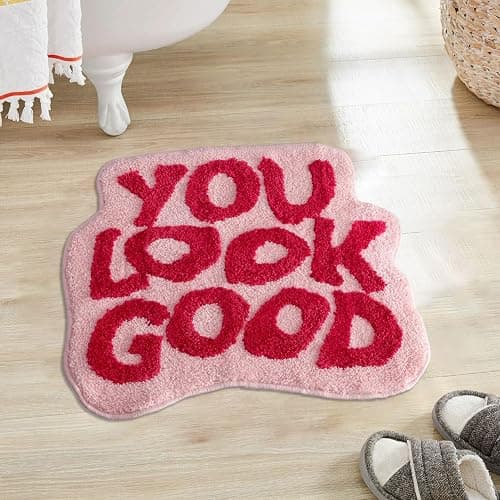 Urtlmaji You Look Good Bath Mat Bathroom Rugs Funny Cute Bath Rugs Non Slip Microfiber Plush Preppy Small Cool Shower Rug Washable Absorbent Floor Mat for Bathtub Sink 25"x21" Red & Pink thumbnail 5