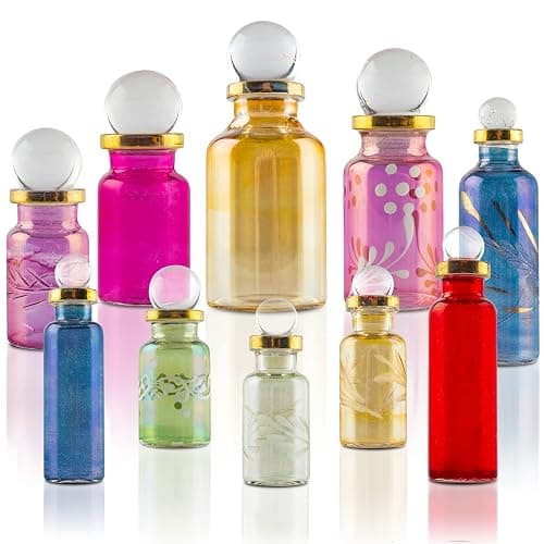 Egyptian Perfume bottles, Empty Glass Mini Bottles for Perfume, Essential Oils or Potion - Set of 10 Decorative Small Vials, Each 2" High (5cm), Assorted Colors thumbnail 3