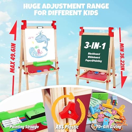 JOYOOSS Kids Wooden Easel with Paper Roll - Adjustable Magnetic Double Sided Drawing Board Whiteboard & Chalkboard Dry Easel Board,Children Art Easel for 3~12 Years Kids Boys Girls Painting Drawing thumbnail 3