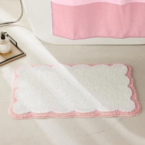 Luxury Microfiber Bathroom Rugs, White Bath Rug with Pink Scalloped Piping Cute Aesthetic Girly Bath Mat for Women's Bathroom, Tub, Floor Carpet, Sink, Shower, Anti Slip, Absorbent, 32x20 thumbnail 3