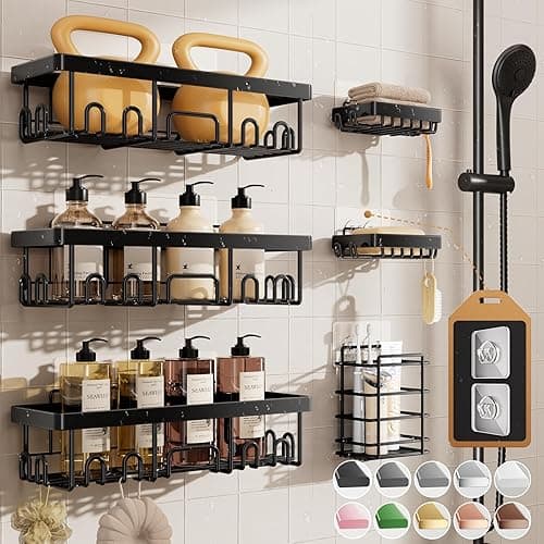 Veken Rustproof & Waterproof Shower Caddy 6-Pack, No Drilling Adhesive Shelves Rack with Soap Holder, Large Capacity Bathroom Organizers and Storage, Wall-Mounted Kitchen & Home Decor - Black - 6-Piece Set (Rustproof Upgrade)
