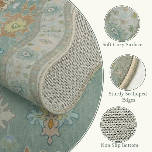 LORWER Oushak 2x6 Runner Rug, Washable Green Boho Floral Turkish Retro Runners, Scalloped Ultra Thin Non Slip Low Pile Long Throw Rug for Laundry Room Kitchen Bathroom thumbnail 3