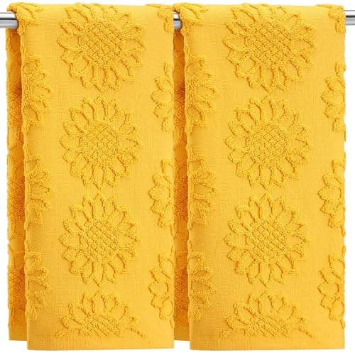 SmoothNovelty 2 Pcs Yellow Sunflower Hand Towels 100% Cotton Jacquard Weave | Bath Towel Set Soft Absorbent Dish Washcloth for Bathroom Kitchen Summer Theme Gifts, 13.8x29.5 Inch - Image 1