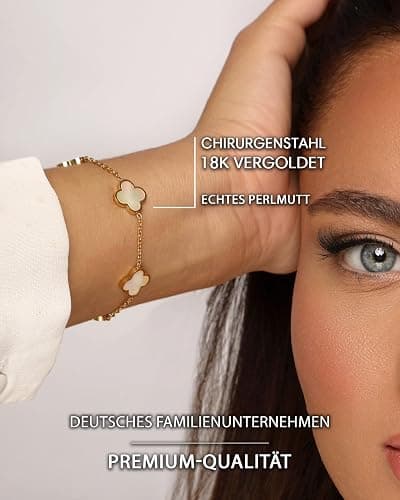 DIAMOND MODE Kleeblatt Armband Damen Gold – Schmuck 18K vergoldet, Clover Perlmutt, Chirurgenstahl 316L, wasserfest, verstellbar 16–20 cm – Geschenk thumbnail 8