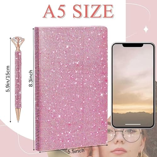 Resholder Pink A5 Rhinestone Notebook & Pen Set Bling Diary for Girls | Hard Cover Glitter Journal for Women, Sparkly Desk Accessories Gift for Women, Cute Classroom Supplies for Back to School thumbnail 3