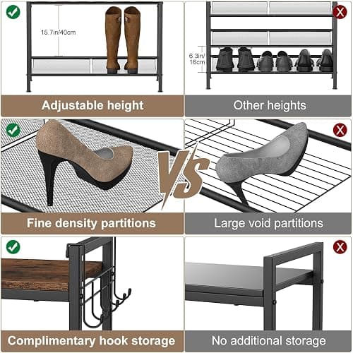 Refrze Shoe Rack for Front Door Entrance, 4 Tier Height-Adjustable Metal Shoe Rack, Sturdy Wooden Top and Tiltable Steel Frame Heavy Duty Shoe Organizer for Bathroom,Bedroom,Kitchen，Include Hook thumbnail 6