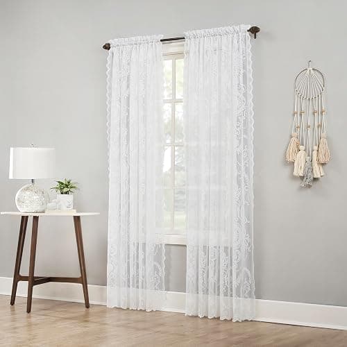 No. 918 Ariella Floral Lace Rod Pocket Curtain Panel, 58" x 84", White thumbnail 4