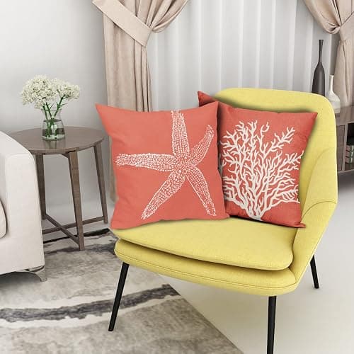 Coastal Coral Throw Pillow Covers 18x18 Inch Set of 2 Starfish Beach Nautical Pillow Covers Summer Farmhouse Pillowscase Linen Square Cushion Covers for Sofa Couch Bedroom Living Room Home Decoration thumbnail 4