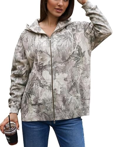 ACCPUR Women Camo Hoodie Oversized Fleece Full Zip Up Sweatshirt Casual Long Sleeve Jackets Trendy Fall Clothes With Pockets - Image 1