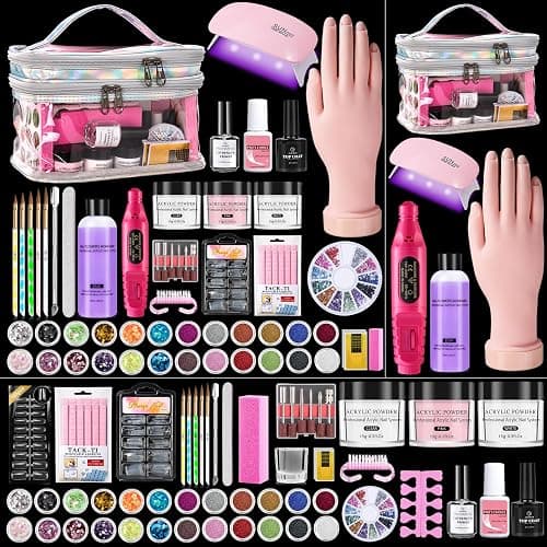 Nail Kit for Beginners with Everything: Practice Nail Hand Acrylic Set Professional Powder Liquid Starter Kits with Drill U/V Lamp in Cosmetic Gift Bag for Salon Home (Sliver) - Image 1