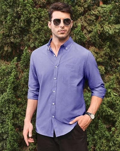 Alimens & Gentle Mens Solid Oxford Shirt Long Sleeve Dress Shirt Work Casual Button Down Shirts with Pocket thumbnail 2