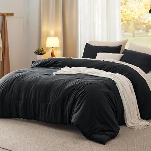 Bedsure Queen Size Comforter Set, Black Soft Prewashed Bedding for All Seasons, 3 Pieces GentleSoft™ Warm Down Alternative Bed Set, 1 Lightweight Comforter (90"x90") and 2 Pillowcases (20"x26") - Image 1