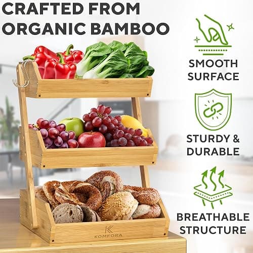 KOMFORA Bamboo Fruit Basket 3-Tier - Premium Produce Basket for Kitchen w/ 2 Hangers - Durable & Easy to Assemble Stand for Countertop - Perfect Holder for Vegetables, Bread, Snacks & More thumbnail 6