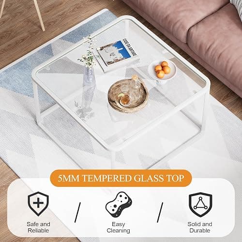 Coffee Table Glass, Minimalist Square Tables for Living Room, Modern Center Table for Office or Small Space, Sturdy Metal Frame, Easy Assembly, 26.4 x 26.4 x 15.7 Inches, White thumbnail 7
