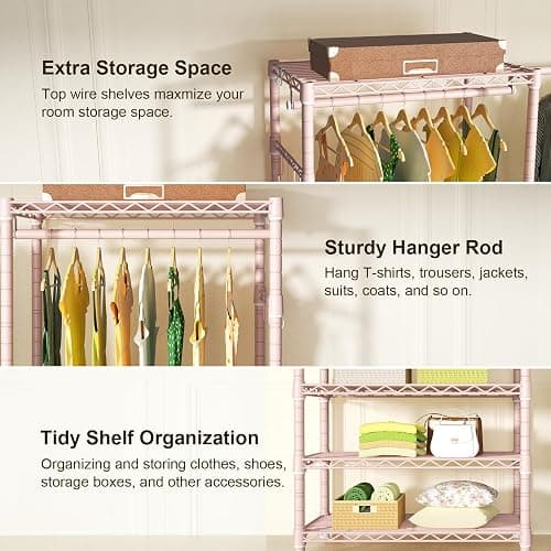 Ulif E1 Heavy Duty Closet Garment Rack, 6 Tiers Adjustable Metal Freestanding Expandable Clothing Storage with 4 Hanger Rods, Easy to Assemble Wardrobe, 71.4" H x (70" - 88.2") L x 14" D, Pink thumbnail 6