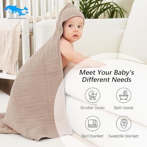 SWEET DOLPHIN Muslin Hooded Baby Bath Towels - 2 Pack 100% Cotton Towel for Babies, Infants, Toddlers - 32x32Inch - Highly Absorbent and Newborn Essential, Brown - Brown - 32 x 32 Inch （Pack of 2） thumbnail 5