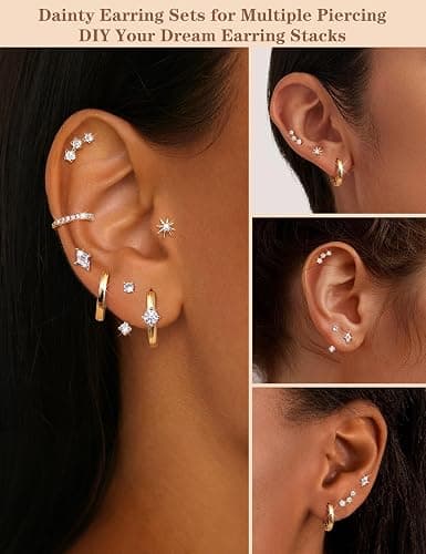 Dochais 7 Pairs Small Stud Hoop Earrings for Women 14K Gold Plated Huggie Earring Sets for Multiple Piercing Hypoallergenic Dainty Earring Stacks Cute Silver Cartilage Jewelry Trendy Gifts - Gold Earring A - Yellow Gold thumbnail 4