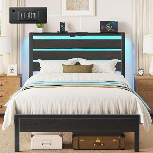 Rolanstar Bed Frame Twin Size with USB Charging Station, LED Bed Frame with Wood Storage Headboard, Black Metal Platform Bed with Under Bed Storage, No Box Spring Needed, Noise Free - Image 1