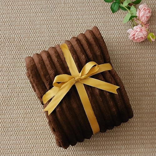 BEDELITE Fleece Throw Blanket for Couch - 300GSM Soft & Warm Fluffy Chotolate Brown Blanket, Decorative and Giftable Striped Blankets for Women, Men, 50"x60" thumbnail 3