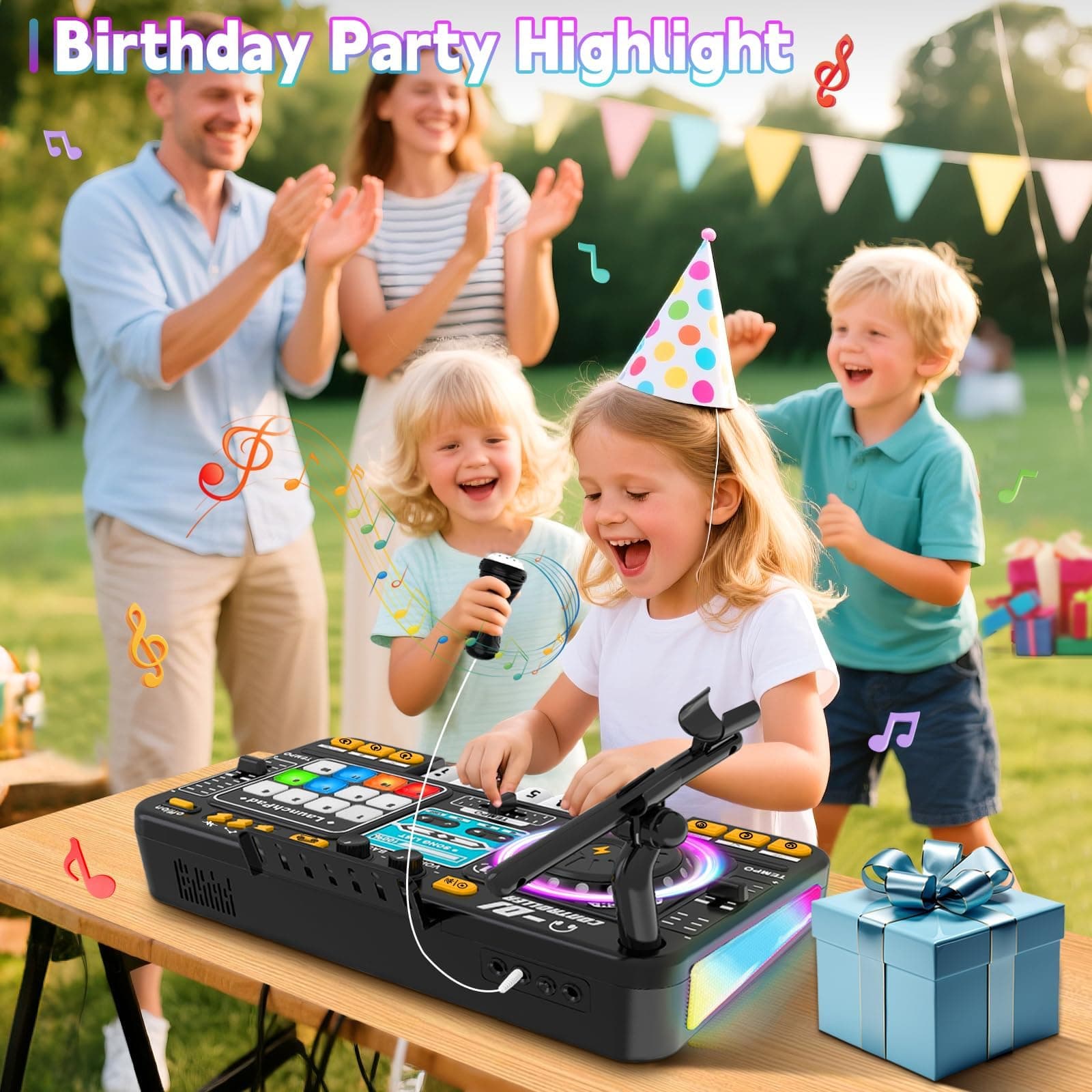 Kids Toys DJ Mixer for Party, Kids' Karaoke Machines, Music Toy with Bluetooth & Microphone for Ages 3+, 2000+ Sound Effects & Colorful Light - Idea Gift for Birthday Holiday(Black) thumbnail 7