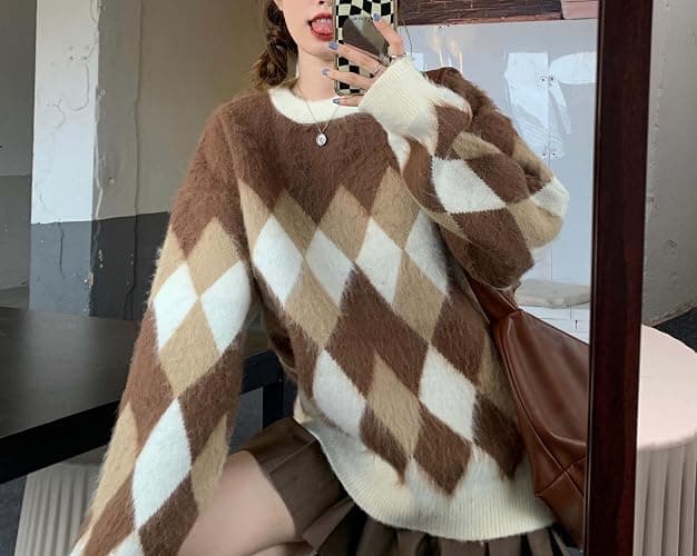 Women Argyle Plaid Oversized Sweater Dark Academia Clothing Y2k Vintage Aesthetic Pullover Top Harajuku Preppy Clothes - Large B Brown thumbnail 5