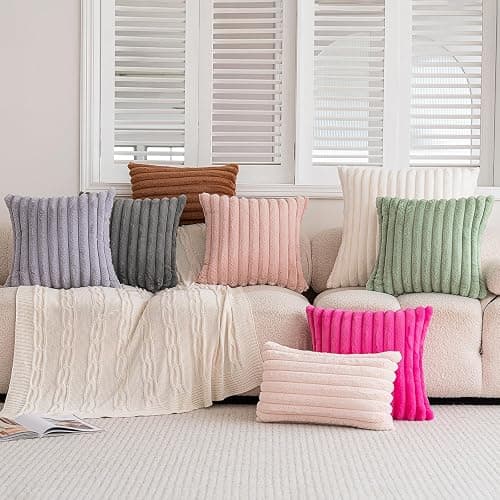 BAOLIZEGAO Double-Sided Faux Fur Plush Throw Pillow Covers 18x18 Set of 2 Fuzzy Striped Soft Cozy Pillowcase Luxury Decorative Pillows Square Shaggy Cushion Covers for Couch Sofa Bed,Pink thumbnail 6