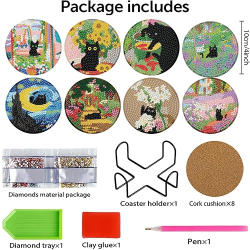 8 Pcs Black Cat Diamond Art Coasters Kits for Adults,DIY Diamond Painting Christmas Coaster Kits with Holder,Paint with Diamonds Coasters Craft Supplies for Decor Gifts thumbnail 3