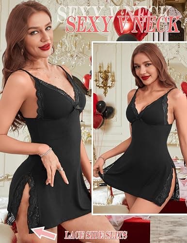 Avidlove Women's Lingerie Sexy Nightwear Spaghetti Strap Nightgown Babydoll | Sexy Lingerie for Women, V-Neck Babydoll Lingerie, Cotton Nightgown, Side Slit Chemise Nighty thumbnail 3