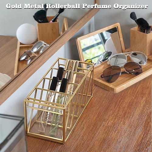 ELLDOO Rollerball Perfume Organizer, 4 Compartment Clear Glass Perfume Storage Holder Vintage Beauty Scent Holder, Metal Makeup Lipgloss Lipstick Display Case thumbnail 2