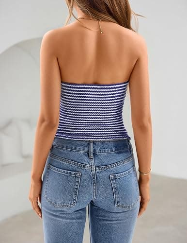ZESICA Women's Spring Striped Strapless Crop Tube Tops 2026 Summer Knit Bandeau Going Out Shirts Y2K Beach Vacation Outfits thumbnail 4