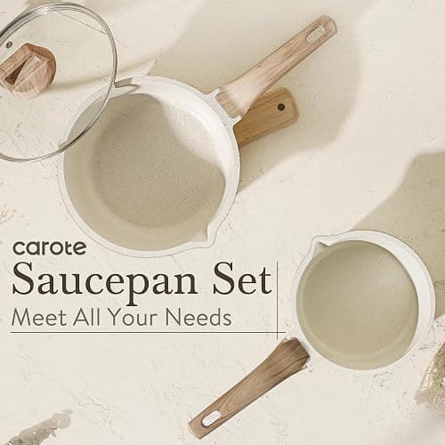CAROTE 1.5Qt & 3.0Qt Sauce Pan Sets with Lid Cooking Pots Nonstick Saucepans Cookware Set with Pour Spout Small Kitchen Pot, Induction Comptable, Easy to Clean, PFOA FREE (White Granite) thumbnail 9
