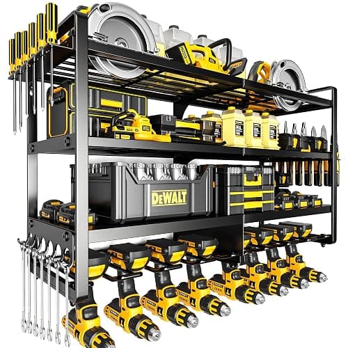 POKIPO Large Power Tool Organizer Wall Mount,4 Layers Heavy Duty Metal Loads 400lbs,Power Tool Shelf Battery Storage with 8 Cordless Drill Holder,Utility Racks for Garage Workshop - Image 1