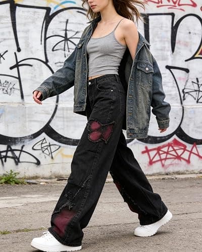 Y2K Baggy Ripped Jeans for Women – Wide Leg Butterfly Print & Star Patch Distressed Denim Pants High Waist Streetwear thumbnail 5