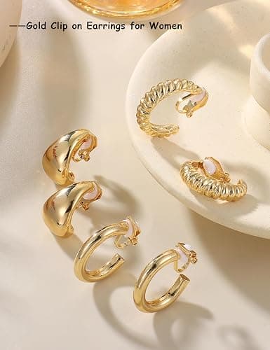 BESTEEL 3Pairs Clip on Earrings for Women Trendy Hypoallergenic 14K Gold Plated Chunky Tube Croissant Waterdrop Clip-on Hoop Earrings Set Fake Jewelry Non Pierced Ears thumbnail 9