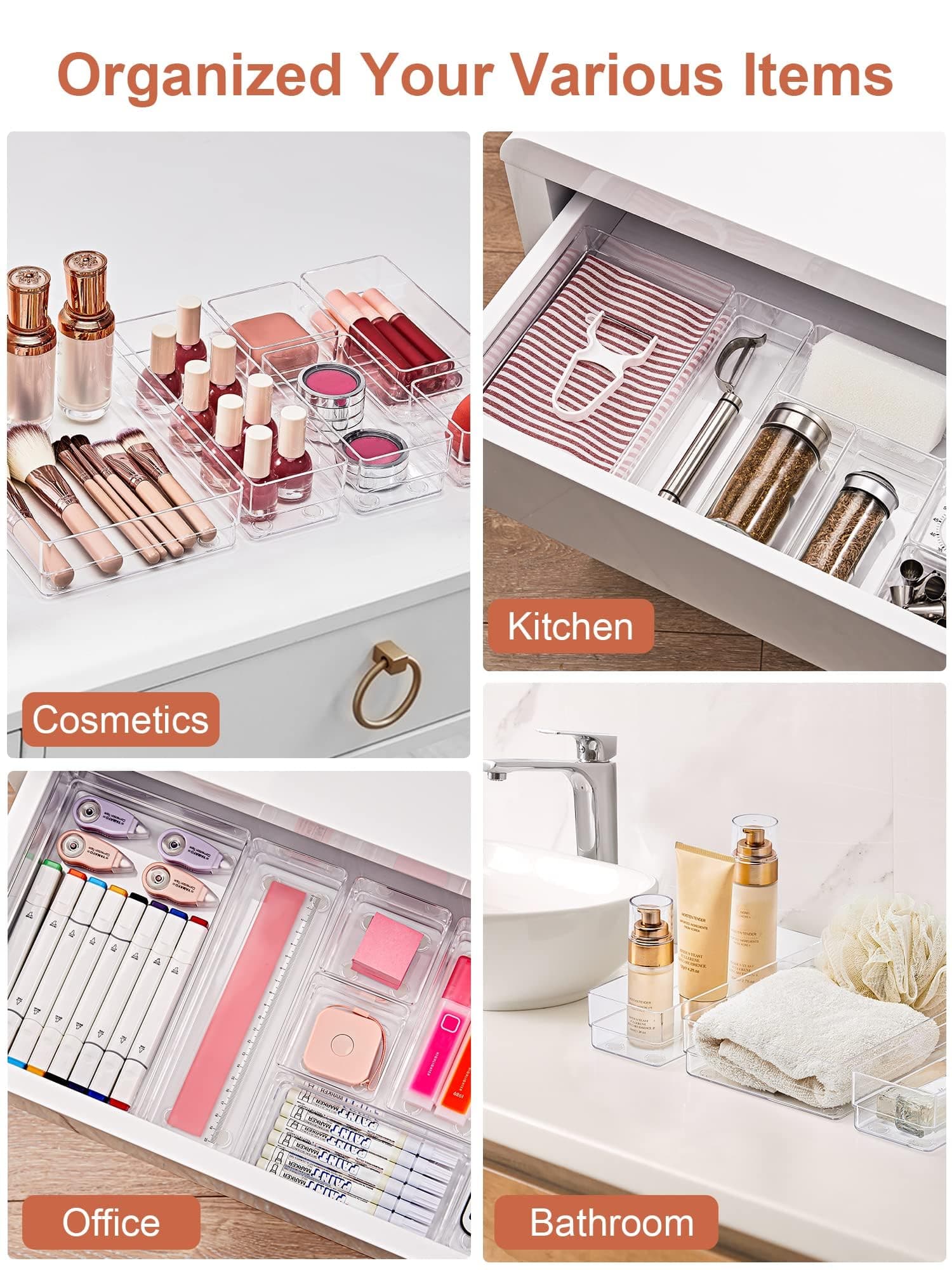 Feshory 20 Pack Makeup Organisers Bin with Non-Slip Silicone Pads for Vanity, Clear Desk Drawer Organiser, Make up Trays for Cosmetics, Bathroom,Office, Home Storage & Organisation thumbnail 6