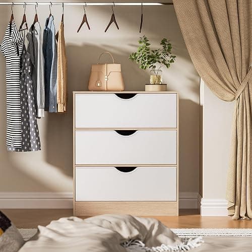 Housoul 3 Drawers Dresser for Bedroom, Fabric PU Drawer with Wood Frame, Large Organizer, Small Dresser with Drawer, Chest of Drawers for Closet, Living Room,Hallway,Oak and White thumbnail 5