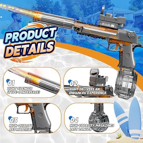 UROINT Electric Water Gun Toy, Automatic Squirt Blaster Pistol Kids, Adults | Realistic LED Light-Up Long Range Pistol. Rechargeable Watergun Black Outdoor Pool Beach Ideal gift for kid 6+ adults summer. thumbnail 5