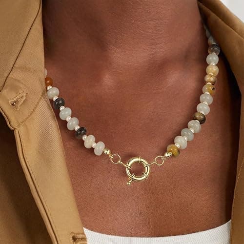 KissYan Beaded Gemstone Necklace for Women, Colorful Boho Bead Choker Natural Stone Surfer Beach Necklaces 14K Gold Plated Summer Handmade Jewelry thumbnail 5