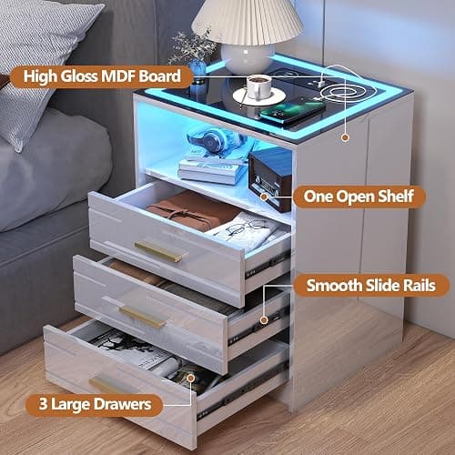 JDPAG High Gloss LED Nightstand with Charging Station & 3 Color Dimmable Light Modern for Bedroom White, Smart Bedside Table with 3 Drawers & USB Type-C Port for Home thumbnail 8