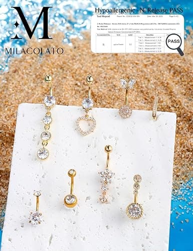 MILACOLATO 8Pcs Belly Button Rings Set, Surgical Stainless Steel Belly Button Piercing, Flower Heart Butterfly Dangly Belly Ring, Clicker Belly Piercing, Navel Piercing Jewelry for Women Girls 10mm thumbnail 6