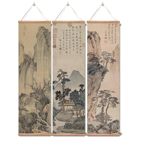 xinyuru Chinese Ancient Landscape Wall Art Poster,Tradition Canvas Printing,Oak Wood Scroll Painting Decor for Bedroom Living room (Landscape 01, 12”x41”x3 Piece) - Image 1