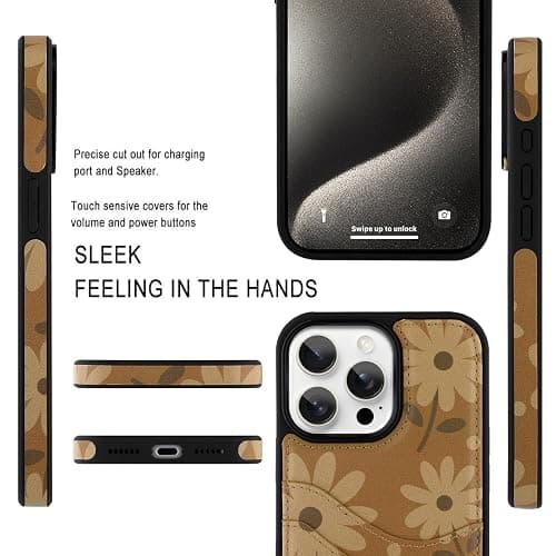 MOWIME Compatible with iPhone 15 Pro Max Wallet Case with Card Holder (2 Cards), Daisy Floral Shockproof Soft TPU Protective Cover Women Girls, Daisy Case for iPhone 15 Pro Max 6.7 Inch, Brown thumbnail 4