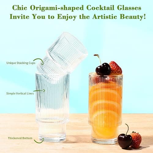 ISMASOAN Ribbed Glassware Set of 12, Glass Cups 12 oz and 7 oz, Fluted Glassware, Stackable Glasses, Cups for Kitchen, Gift Box Set - Stackable Ribbed Surface thumbnail 4