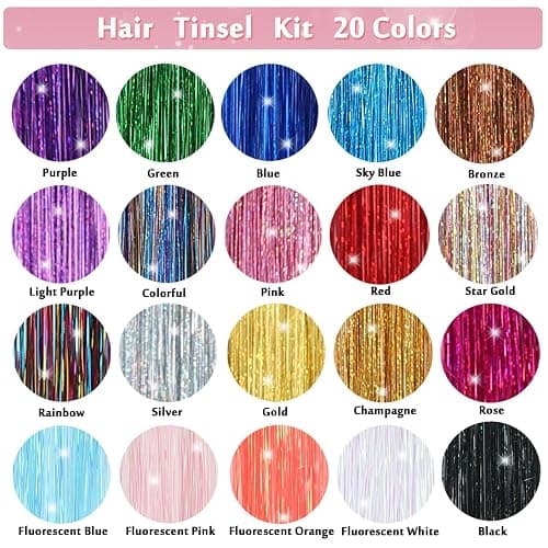 YUBTY Hair Tinsel Kit 20 Colors 4800 Strands Fairy Hair Tinsel Heat Resistant 48 Inches Glitter Tinsel Hair Extensions Highlights Sparkling Hair Tinsel Kit for Girls Hair Accessories Party Festival thumbnail 2