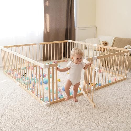 GGF Wooden Baby Playpen -63 * 47 * 24 in, Large Wood Gate Playpen for Babies and Toddlers, Baby Fence Play Yard with Door for Kids Activity Center - Image 1