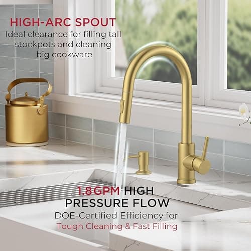 FORIOUS Gold Kitchen Faucet with Pull Down Sprayer, Modern Single Hole Kitchen Sink Faucet with Soap Dispenser, Deck Plate, Single Handle, High Arc Stainless Steel for RV Bar Farmhouse Laundry thumbnail 5